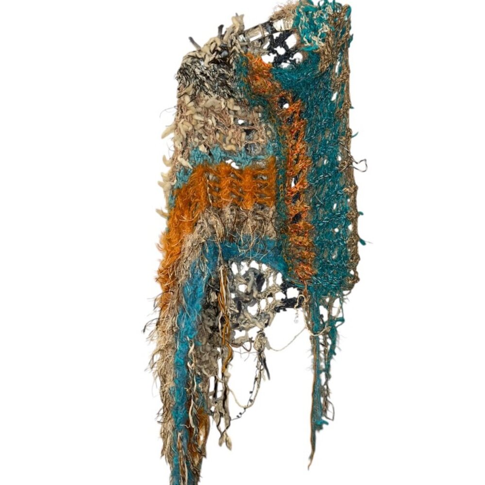 Hand Knit turquoise orange infinity ofver the head scarf